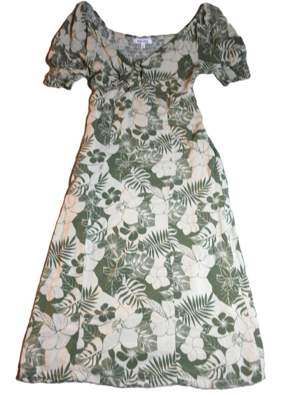 Mimi Chica Dress Womens Medium Green Floral Smocked Puff Sleeve Midi Sundress